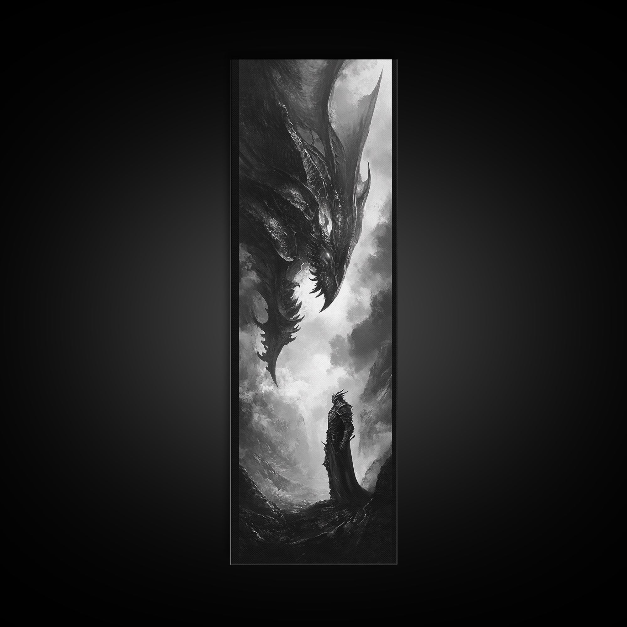 Monochrome Dragon And Lone Knight Wall Art, Dark Fantasy Art Print, Gothic Wall Decor, Black And White Art, Gamer Room Decor