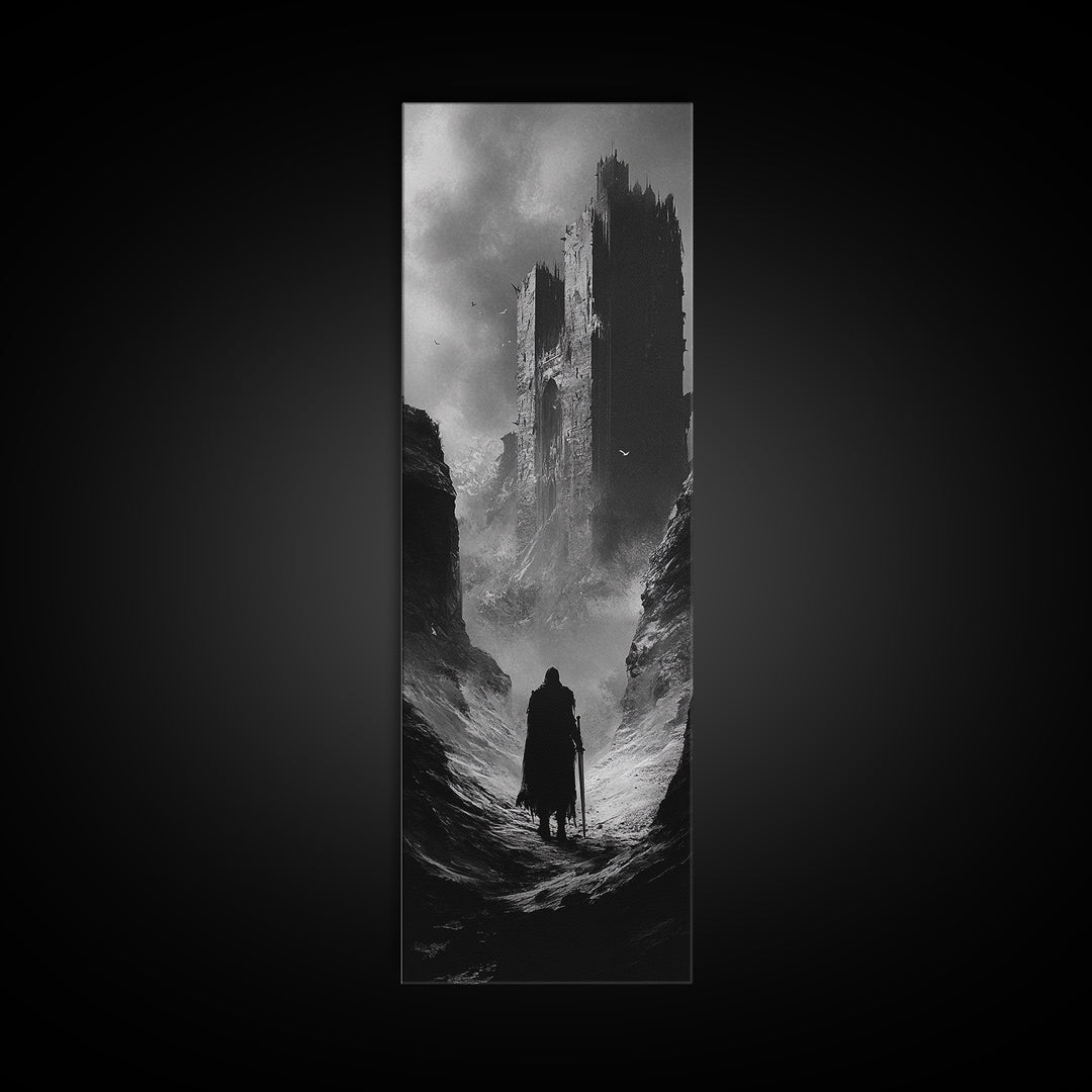 Misty Black Castle Valley With Lone Traveler Wall Art, Dark Academia Decor, Gothic Landscape, Black And White Fantasy Print
