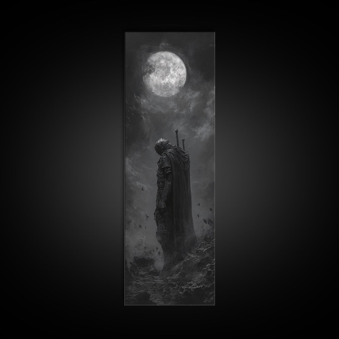 Lone Knight Beneath Full Moon Wall Art, Black And White Fantasy Art, Dark Gothic Decor, Moody Wall Art For Bedroom Canvas Print