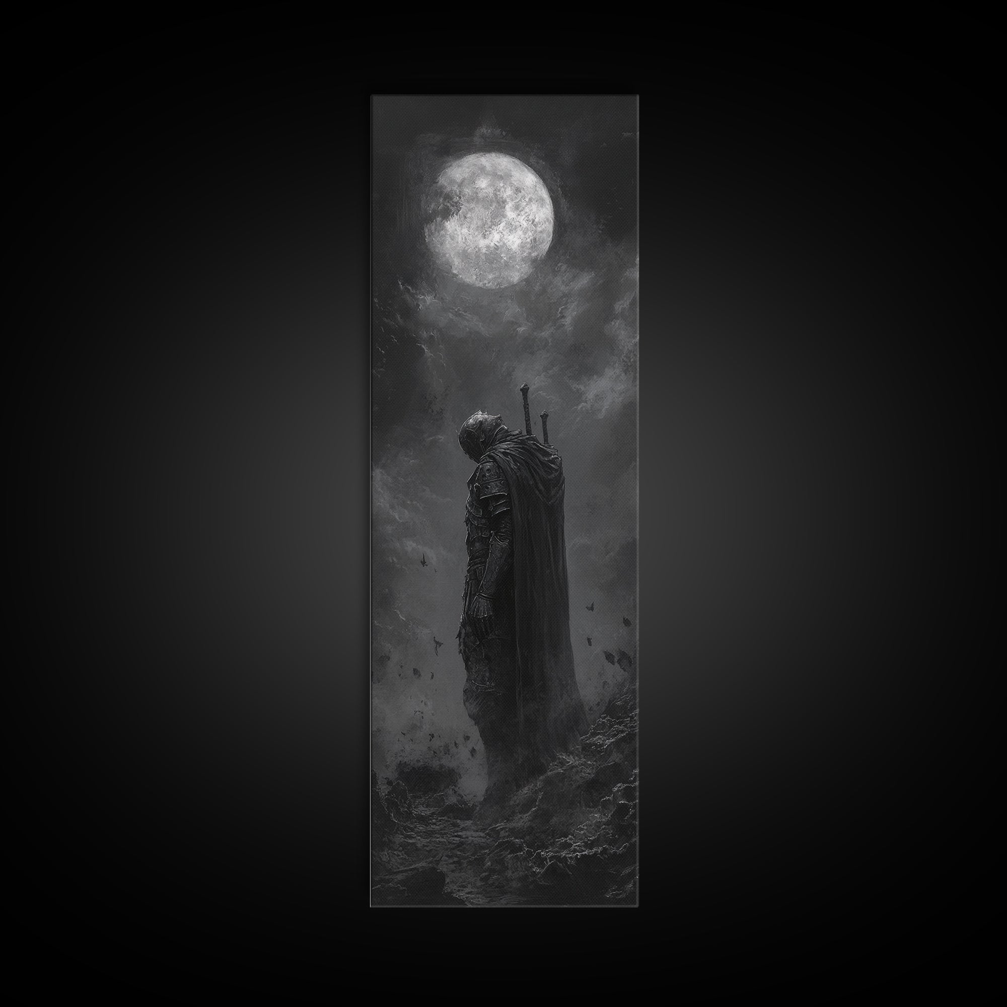 Lone Knight Beneath Full Moon Wall Art, Black And White Fantasy Art, Dark Gothic Decor, Moody Wall Art For Bedroom Canvas Print
