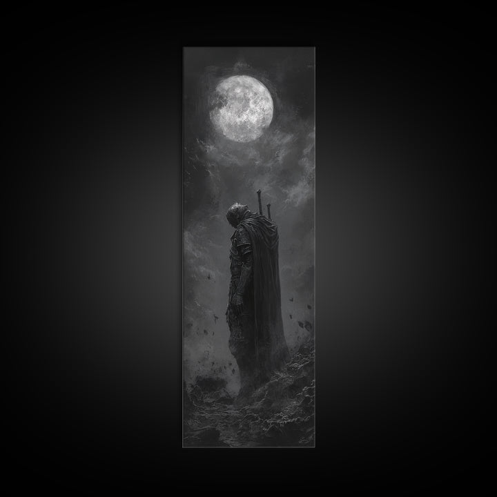 Lone Knight Beneath Full Moon Wall Art, Black And White Fantasy Art, Dark Gothic Decor, Moody Wall Art For Bedroom Canvas Print