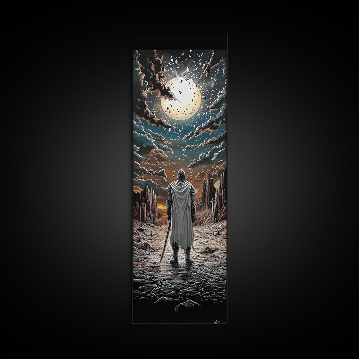 White Cloaked Knight Under Eclipse Moon Canvas Print, Fantasy Wall Art, Dark Landscape Decor, Gamer Room Wall Art Gift For Him