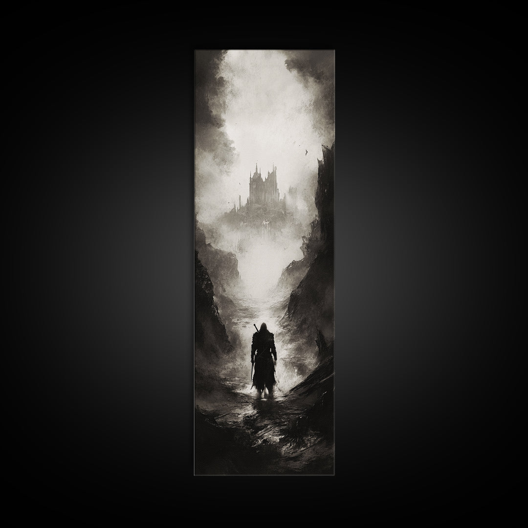 Cloaked Wanderer Approaching Misty Castle Wall Art, Dark Fantasy Print, Gothic Wall Decor, Black And White Landscape Art