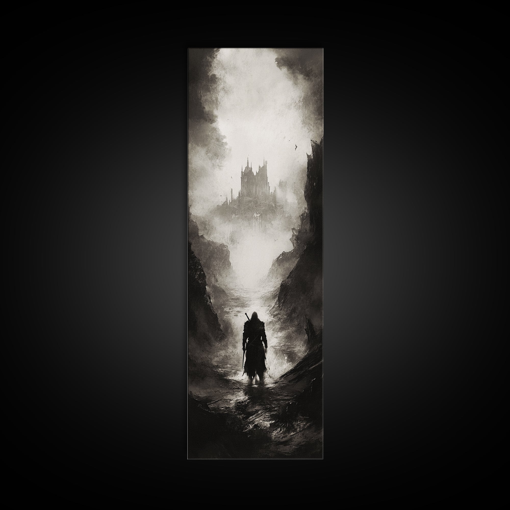 Cloaked Wanderer Approaching Misty Castle Wall Art, Dark Fantasy Print, Gothic Wall Decor, Black And White Landscape Art