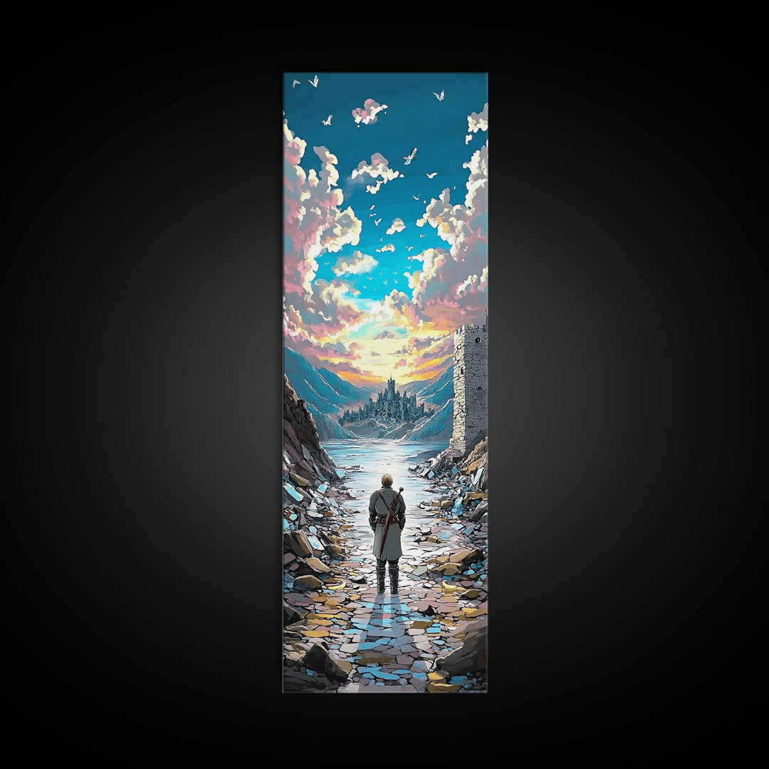 Lone Traveler In Snowy Mountain Valley, Birds And Sunset Fantasy Wall Art, Vertical Canvas Print, Nature Landscape Decor