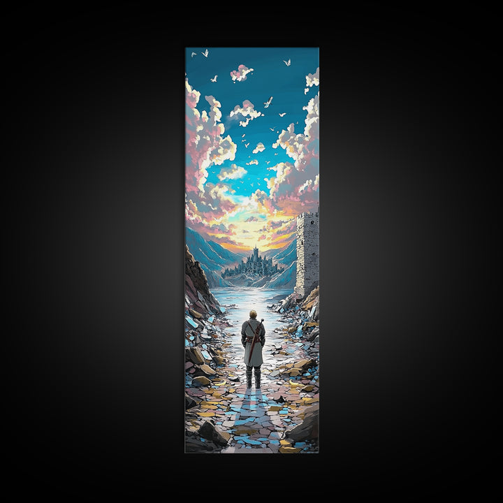 Lone Traveler In Snowy Mountain Valley, Birds And Sunset Fantasy Wall Art, Vertical Canvas Print, Nature Landscape Decor