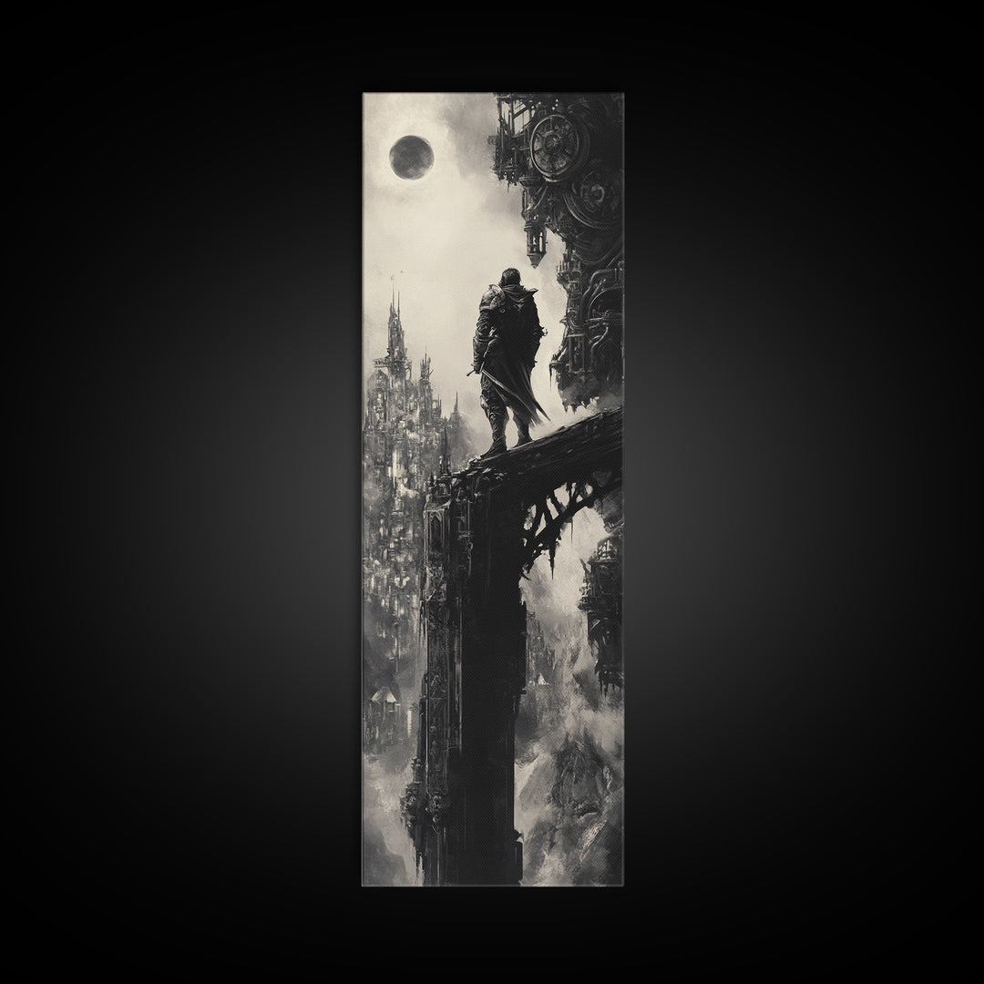 Moonlit Gothic Warrior On Shadow Bridge, Black And White Wall Art, Dark Fantasy Canvas Print, Moody Castle Office Wall Decor