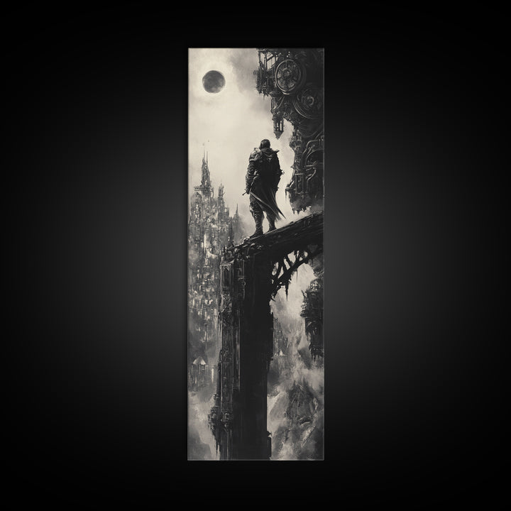 Moonlit Gothic Warrior On Shadow Bridge, Black And White Wall Art, Dark Fantasy Canvas Print, Moody Castle Office Wall Decor