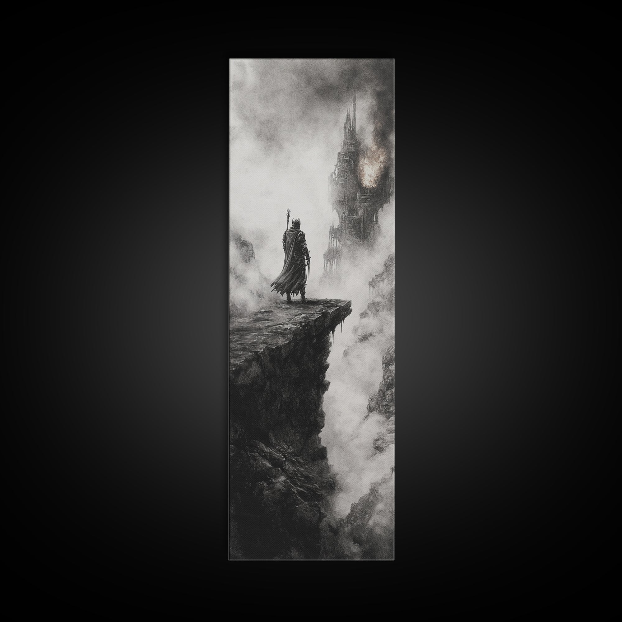 Cloaked Knight On Misty Cliff, Haunted Gothic Castle Framed Canvas Print, Black And White Wall Art, Dark Academia Room Decor