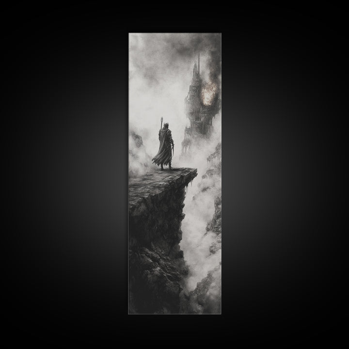 Cloaked Knight On Misty Cliff, Haunted Gothic Castle Framed Canvas Print, Black And White Wall Art, Dark Academia Room Decor
