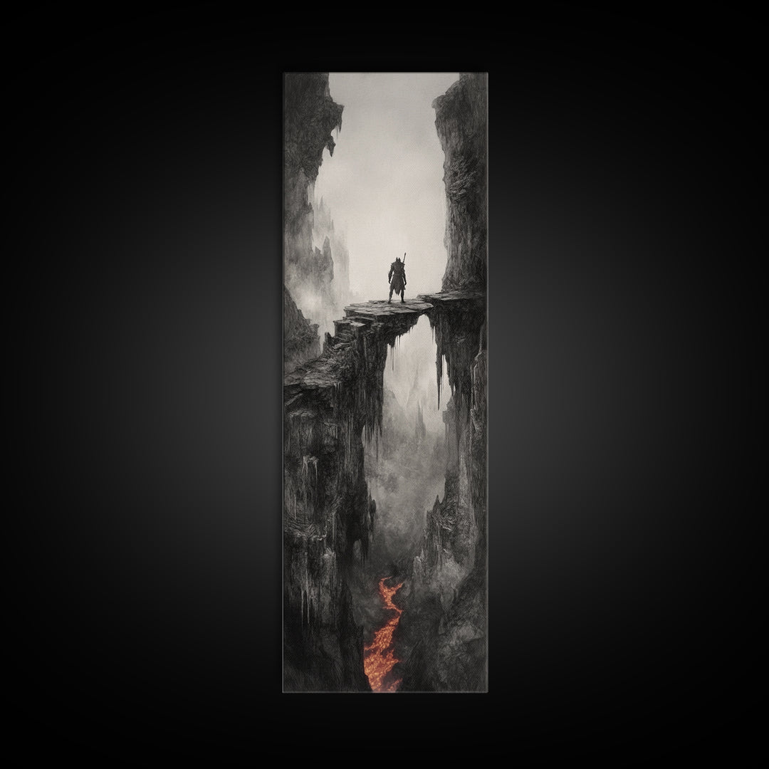 Warrior Above Lava Chasm In Dark Canyon, Black And White Wall Art, Gothic Fantasy Canvas Print, Moody Landscape Home Decor