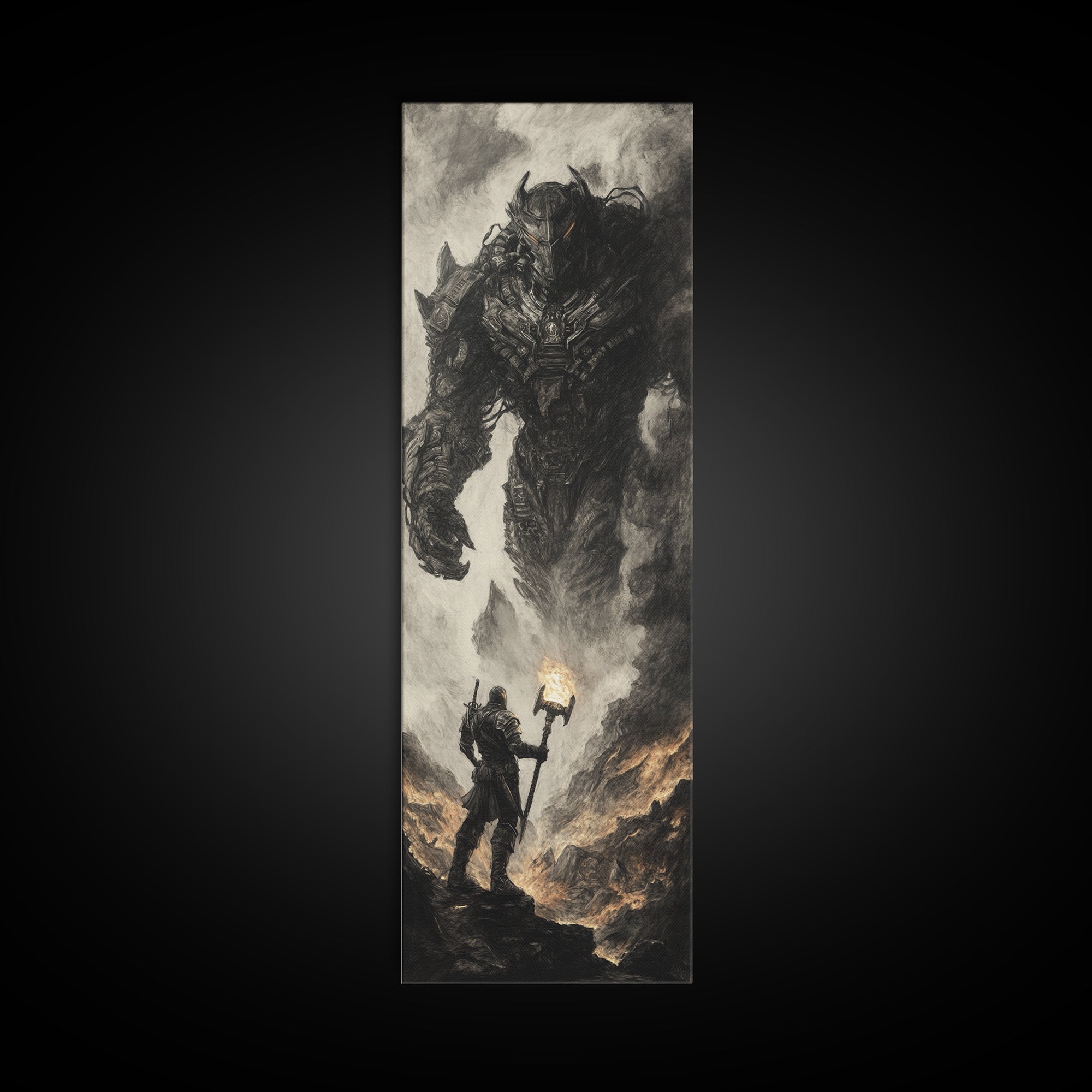 Torch Bearer Facing Colossal Demon, Dark Fantasy Wall Art, Gothic Canvas Print, Dramatic Warrior Statement Artwork Home Decor