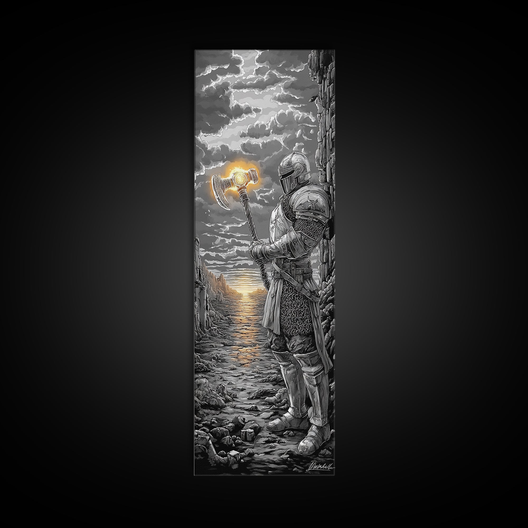 Armored Knight With Glowing Axe On Stormy Shore, Black And White Wall Art, Medieval Fantasy Canvas Print, Masculine Decor