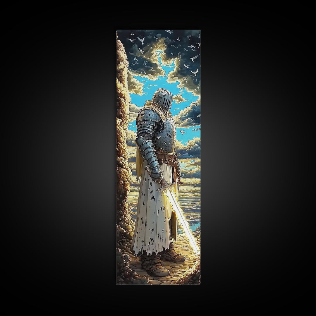 Silver Knight With Glowing Sword By Sea Cliffs, Fantasy Canvas Print, Medieval Wall Art, Dramatic Coastal Home Office Decor