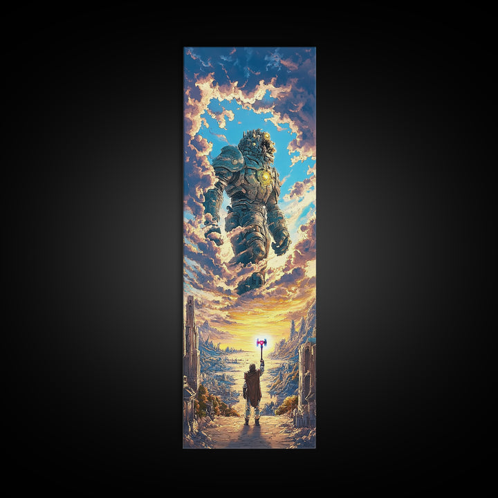 Floating Stone Giant Guardian At Sunset, Fantasy Wall Art, Large Canvas Wall Art, Epic Landscape Print, Gaming Room Decor Gift