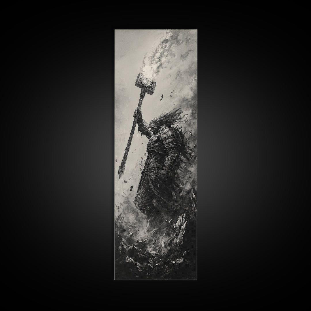 Dark Hammer Warrior In Storm, Black And White Wall Art, Gothic Fantasy Art Print, Medieval Office Decor, Gift For Him, Dark Academia Decor