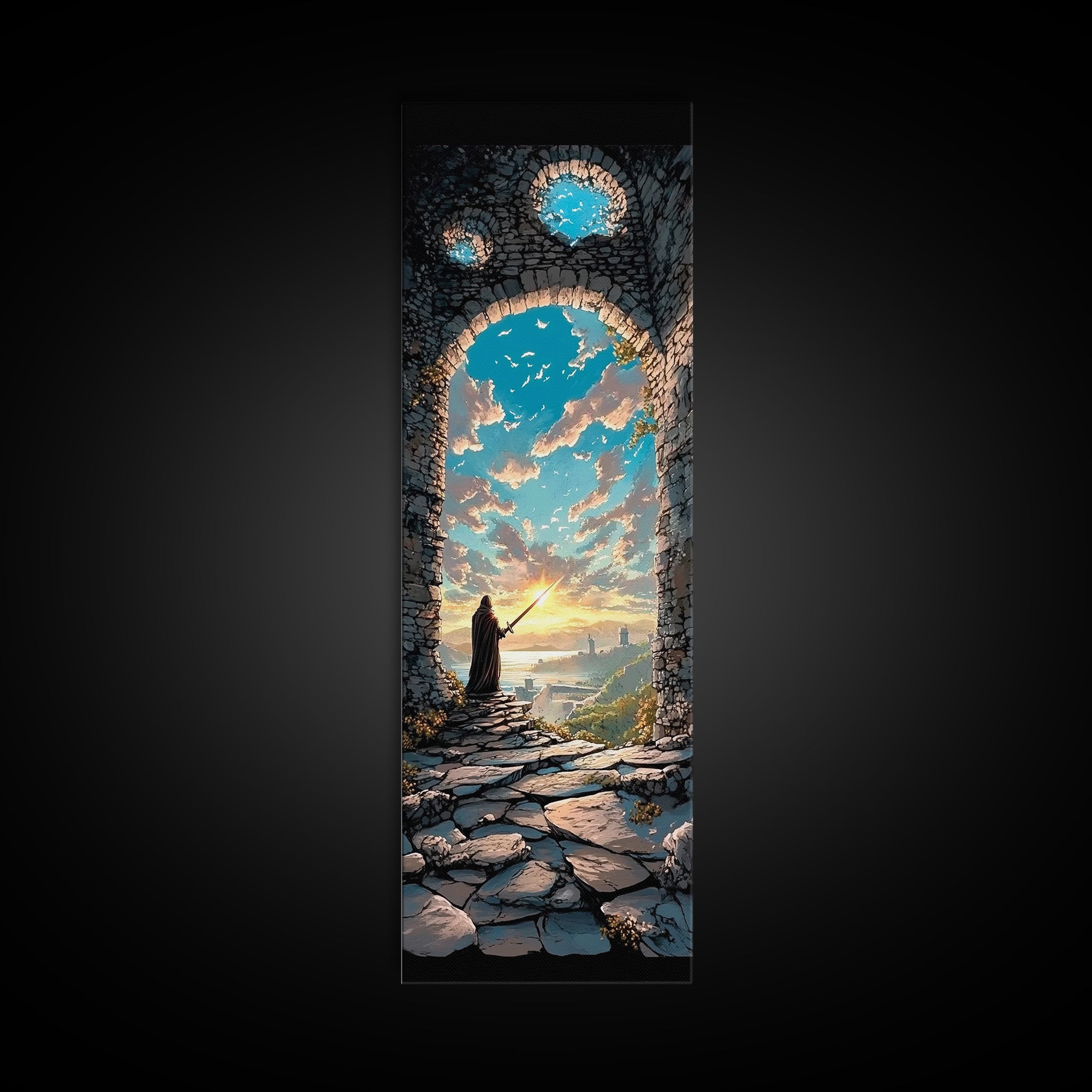 Cloaked Wizard In Ruined Archway At Sunset, Fantasy Wall Art, Medieval Landscape Print, Whimsical Office Decor Gift, Living Room Decor