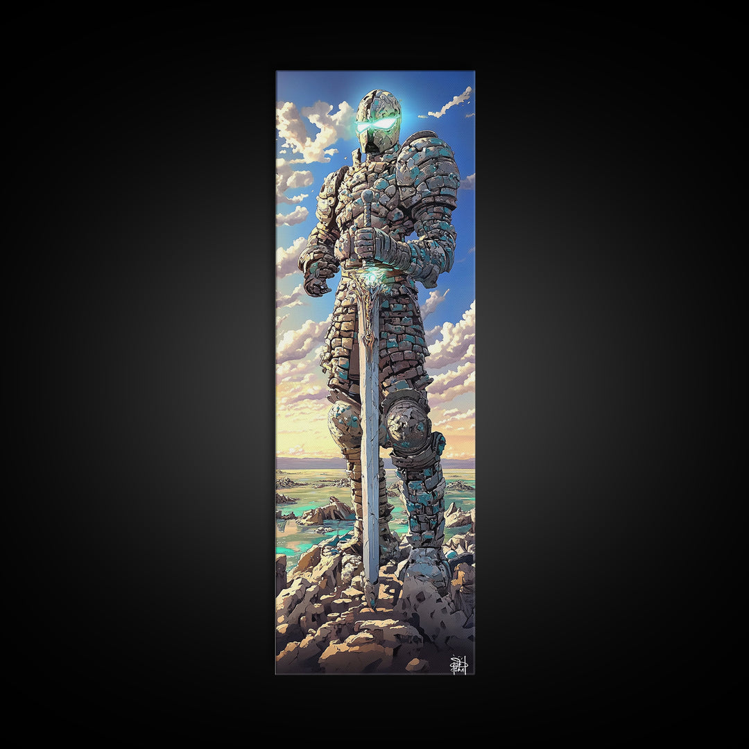 Stone Knight Guardian Holding Sword Above Ocean, Fantasy Canvas Print, Coastal Wall Art, Medieval Landscape Decor, Gift For Him