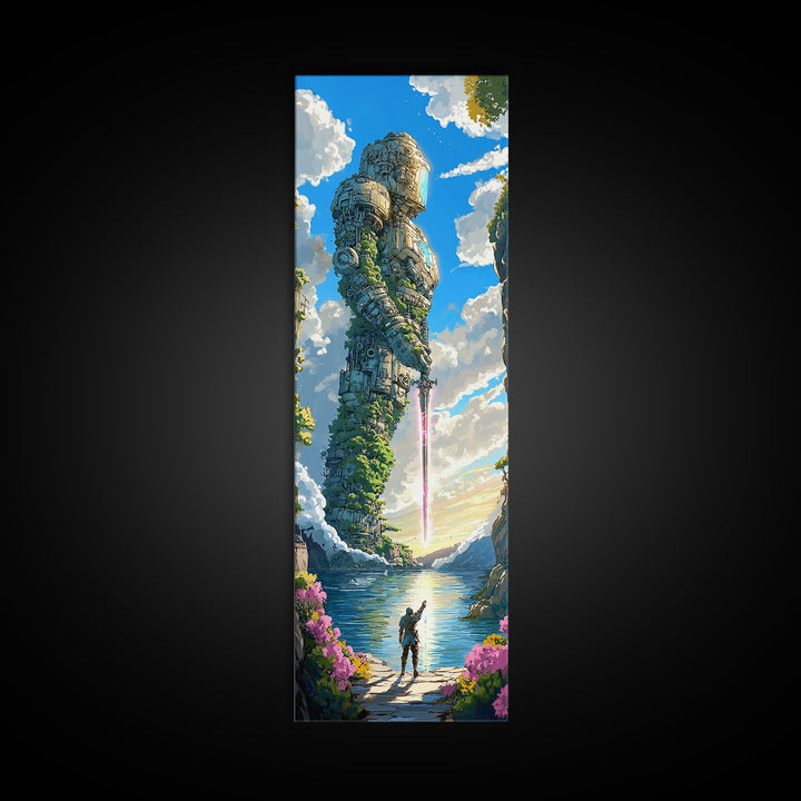 Moss Covered Giant Robot With Pink Sword, Fantasy Wall Art, Japandi Landscape Print, Nature Inspired Living Room Decor Gift