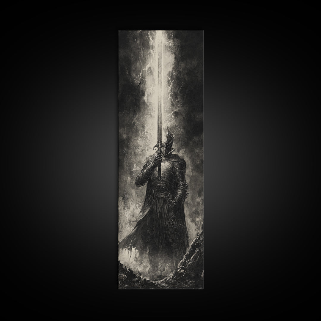 Black And White Knight With Glowing Sword, Dark Fantasy Wall Art, Gothic Canvas Print, Medieval Decor, Masculine Office Art Gift