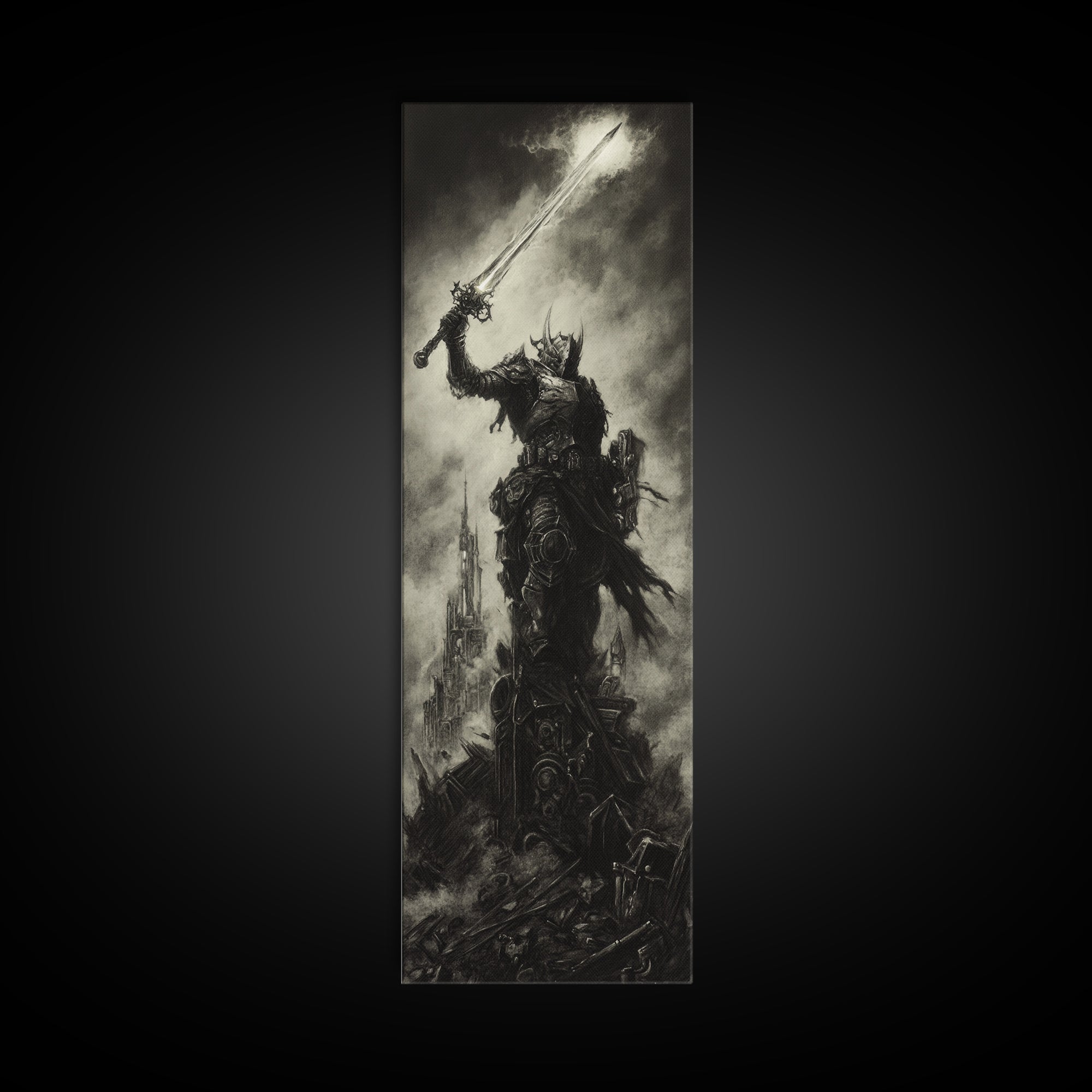 Dark Armored Warrior Raising Sword By Ruined Castle, Gothic Wall Art, Black And White Fantasy Print, Man Cave Decor Gift For Him