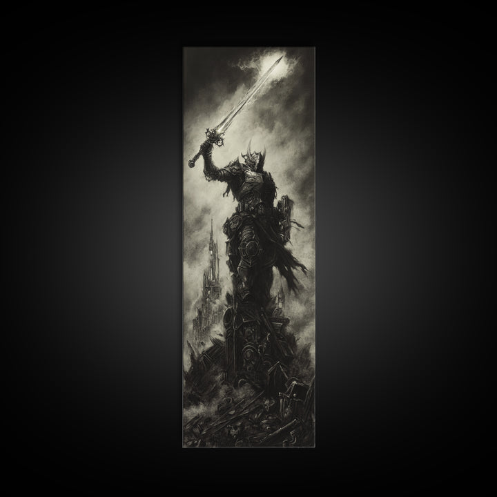 Dark Armored Warrior Raising Sword By Ruined Castle, Gothic Wall Art, Black And White Fantasy Print, Man Cave Decor Gift For Him