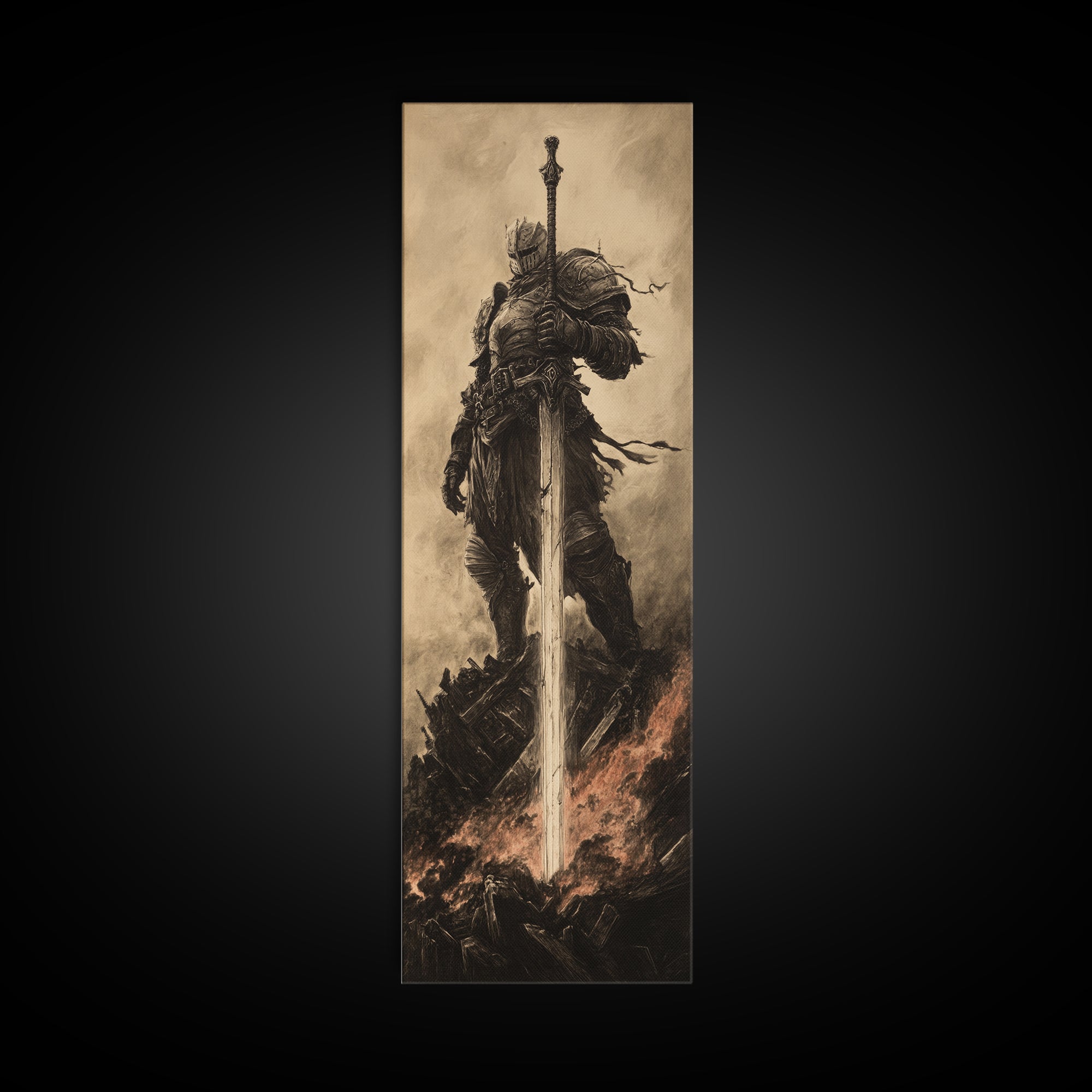 Sepia Knight Standing With Greatsword In Fire, Dark Fantasy Canvas Print, Medieval Wall Art, Gothic Office Decor Gift For Him
