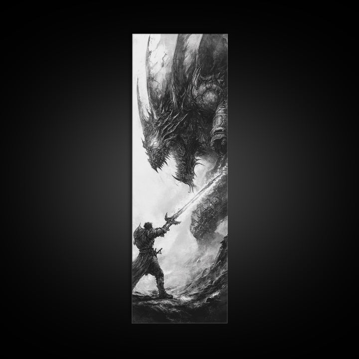 Warrior Facing Massive Dragon In Black And White, Dark Fantasy Wall Art, Gothic Canvas Print, Epic Monster Decor Gift For Him