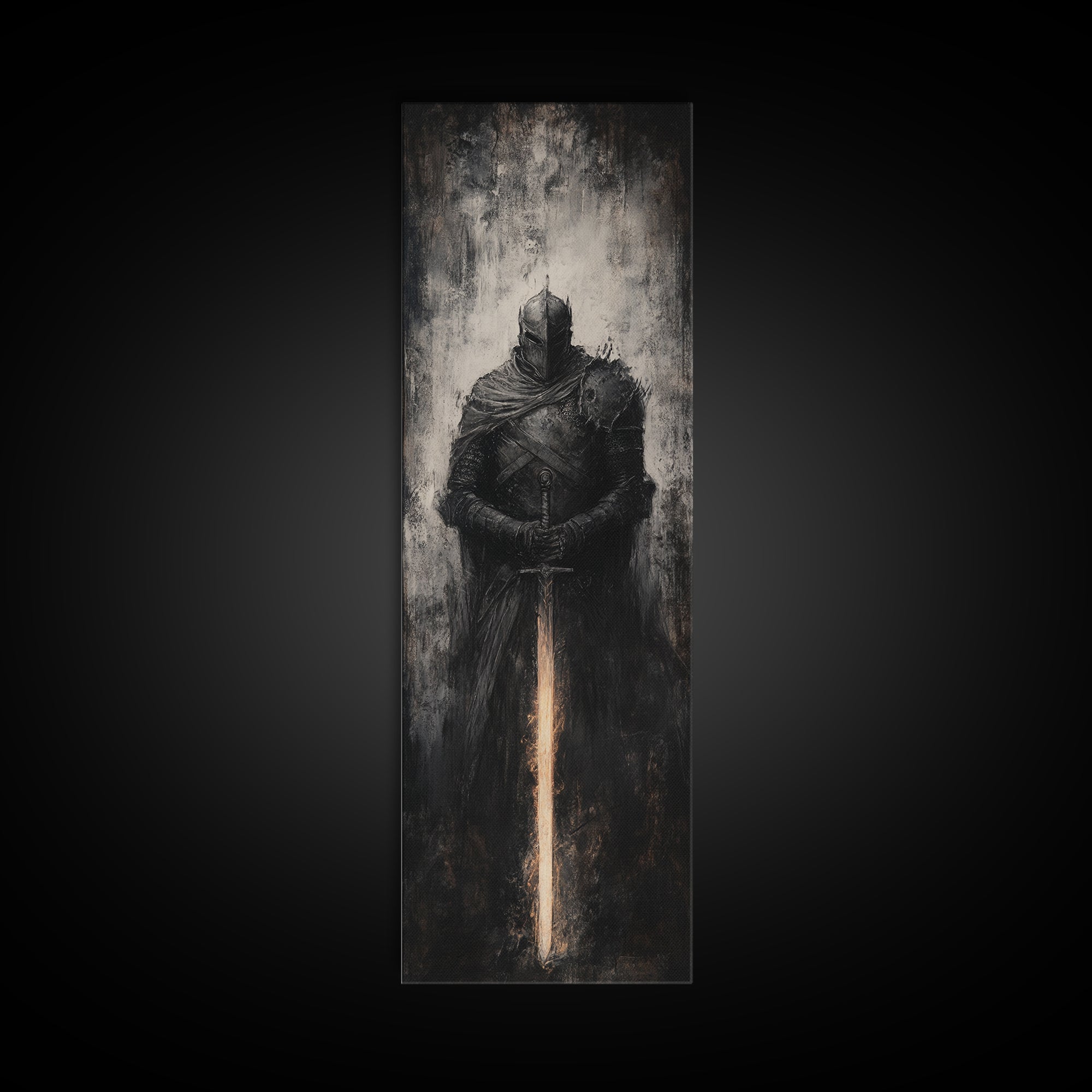 Dark Armored Knight With Glowing Sword Wall Art, Gothic Fantasy Canvas Print, Medieval Warrior Decor For Man Cave Office Decor