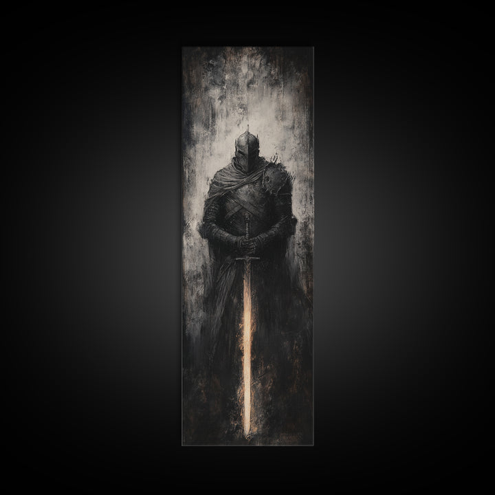 Dark Armored Knight With Glowing Sword Wall Art, Gothic Fantasy Canvas Print, Medieval Warrior Decor For Man Cave Office Decor