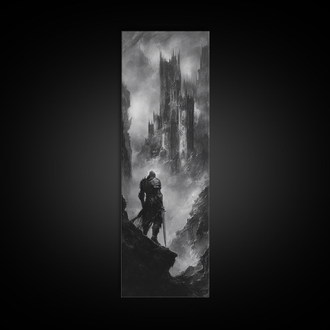 Lone Warrior Before Dark Gothic Castle Wall Art, Black And White Fantasy Landscape Print, Medieval Dungeon Decor For Office