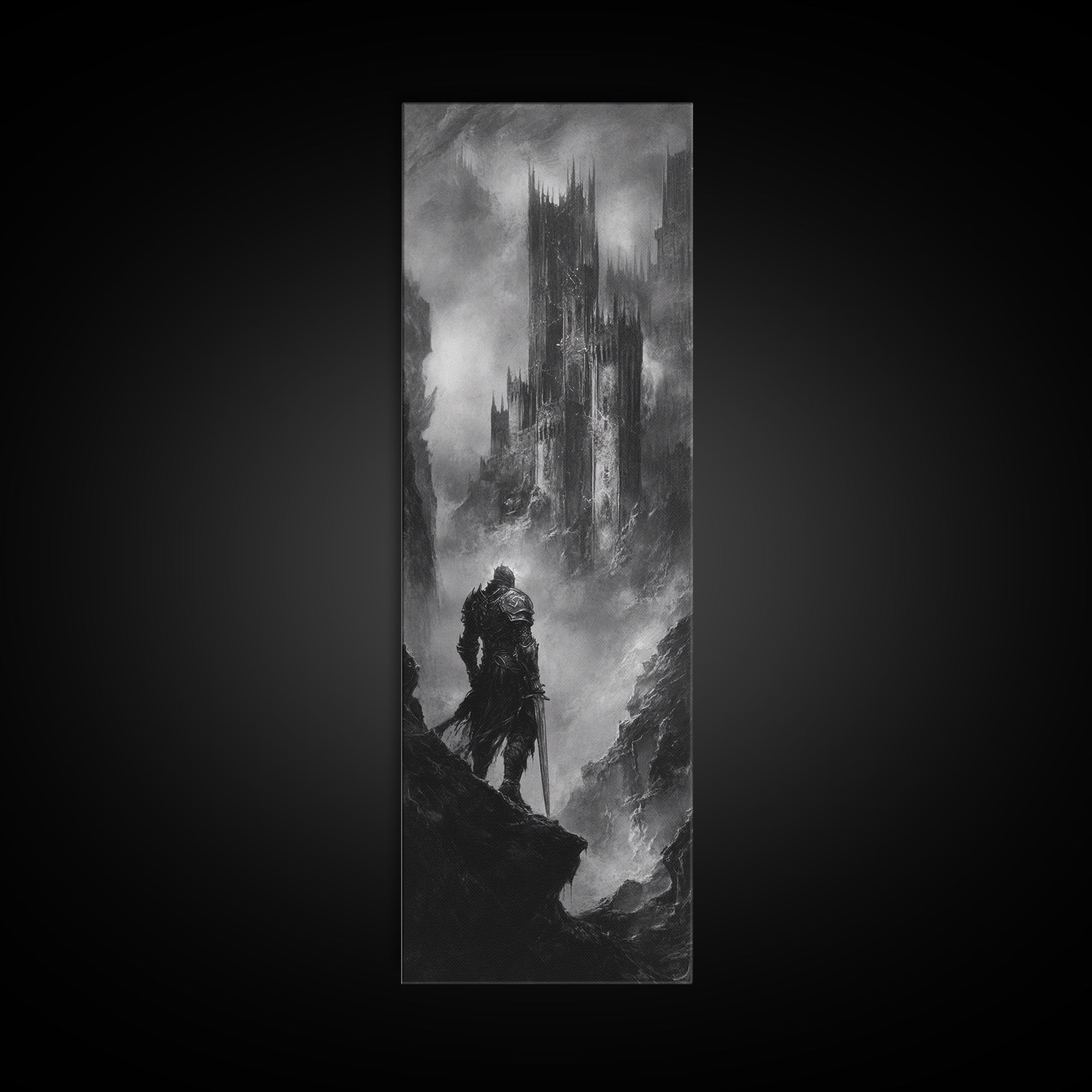 Lone Warrior Before Dark Gothic Castle Wall Art, Black And White Fantasy Landscape Print, Medieval Dungeon Decor For Office