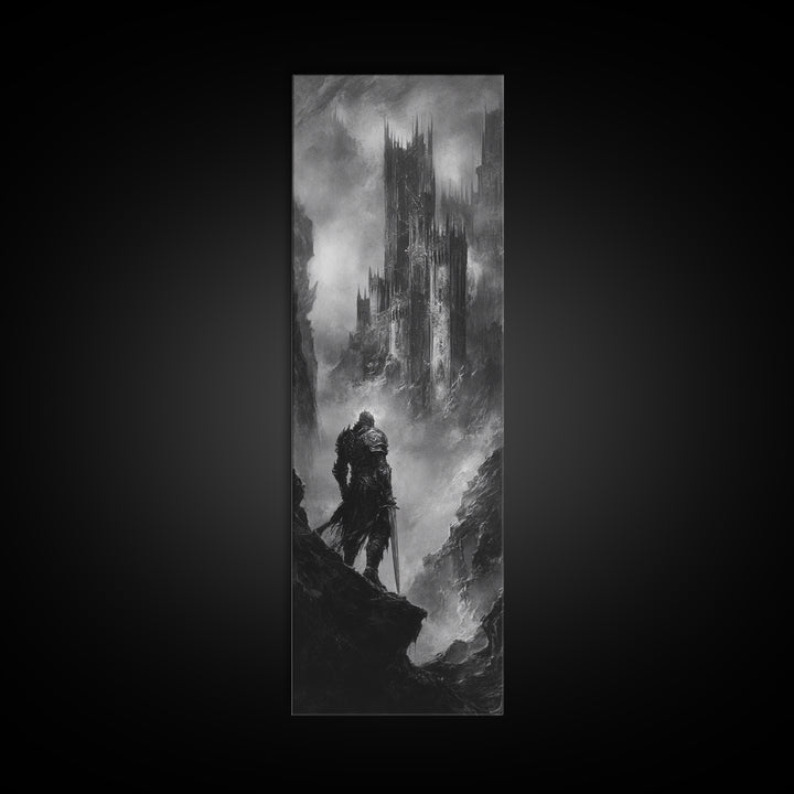 Lone Warrior Before Dark Gothic Castle Wall Art, Black And White Fantasy Landscape Print, Medieval Dungeon Decor For Office