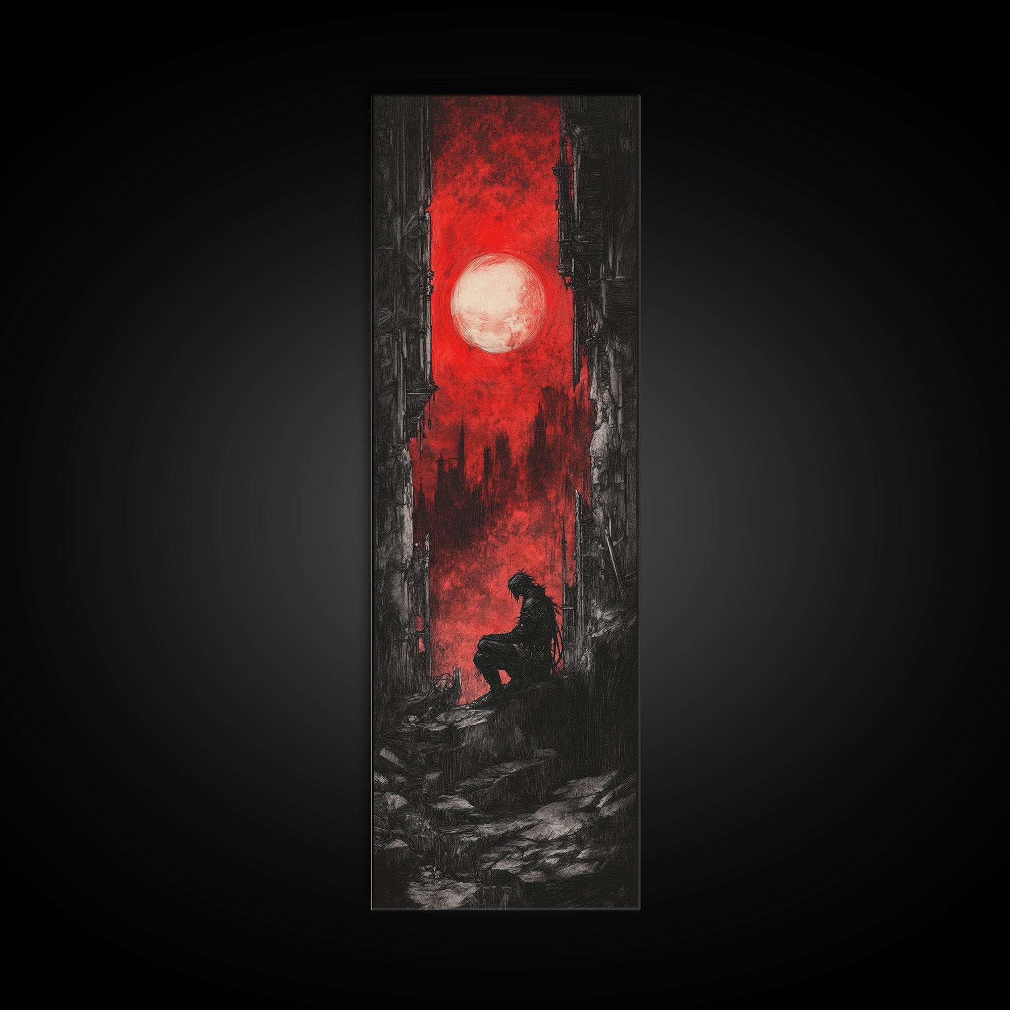 Solitary Figure Under Blood Moon Wall Art, Red Gothic Fantasy Canvas Print, Dark Academia Poster For Bedroom Decor Gift