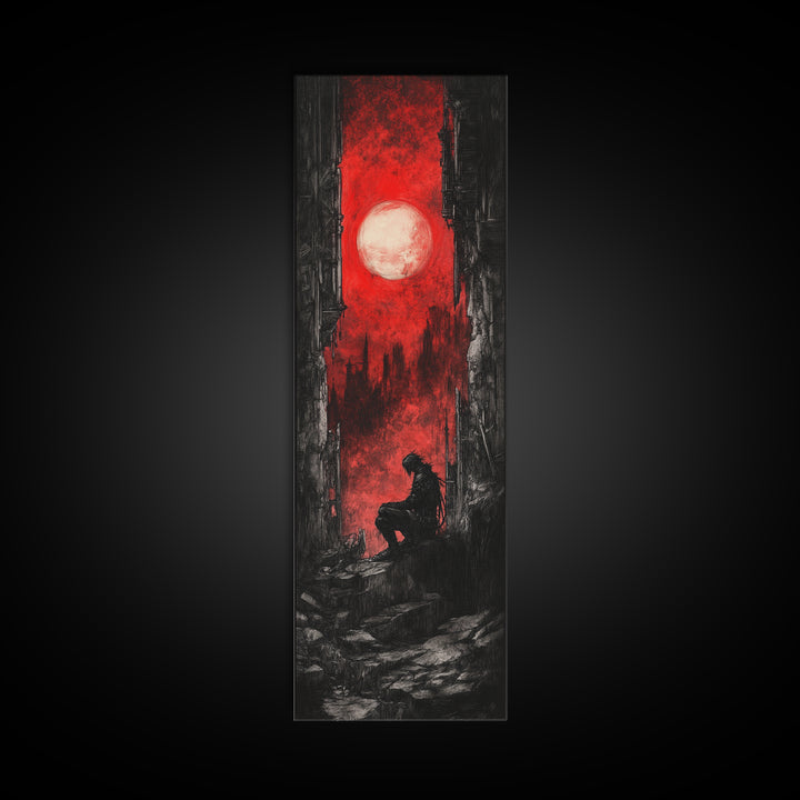 Solitary Figure Under Blood Moon Wall Art, Red Gothic Fantasy Canvas Print, Dark Academia Poster For Bedroom Decor Gift