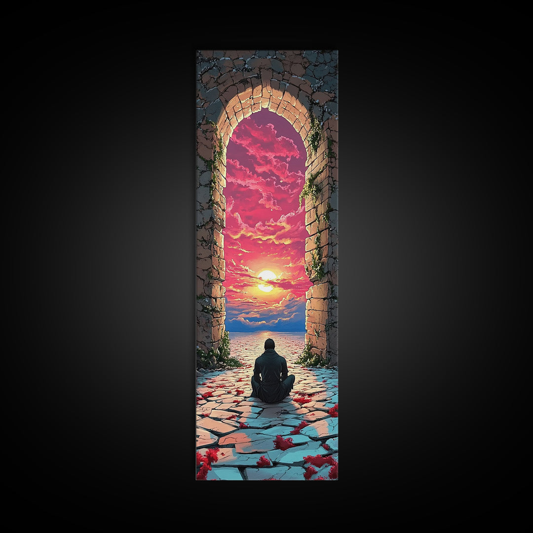 Seated Wanderer In Stone Arch Sunset Wall Art, Vibrant Fantasy Portal Canvas Print, Meditation Room Home Decor Gift For Her