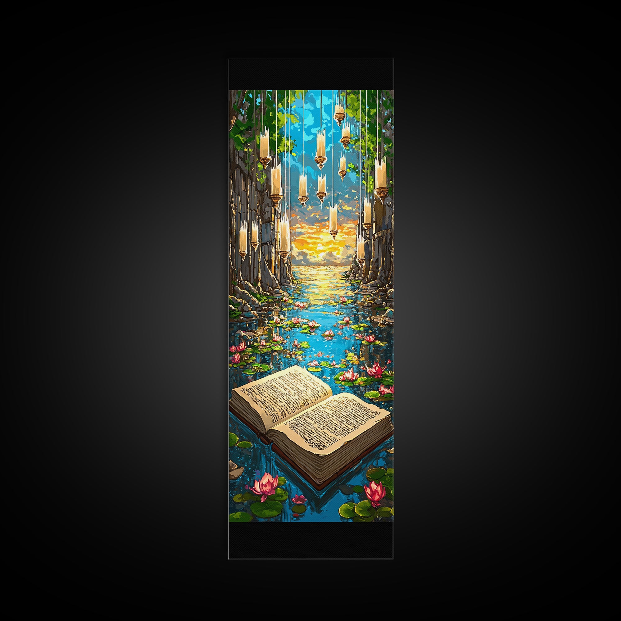 Open Book In Enchanted Lily Pond Wall Art, Magical Library Fantasy Canvas Print, Whimsical Reading Nook Decor Gift For Book Lover