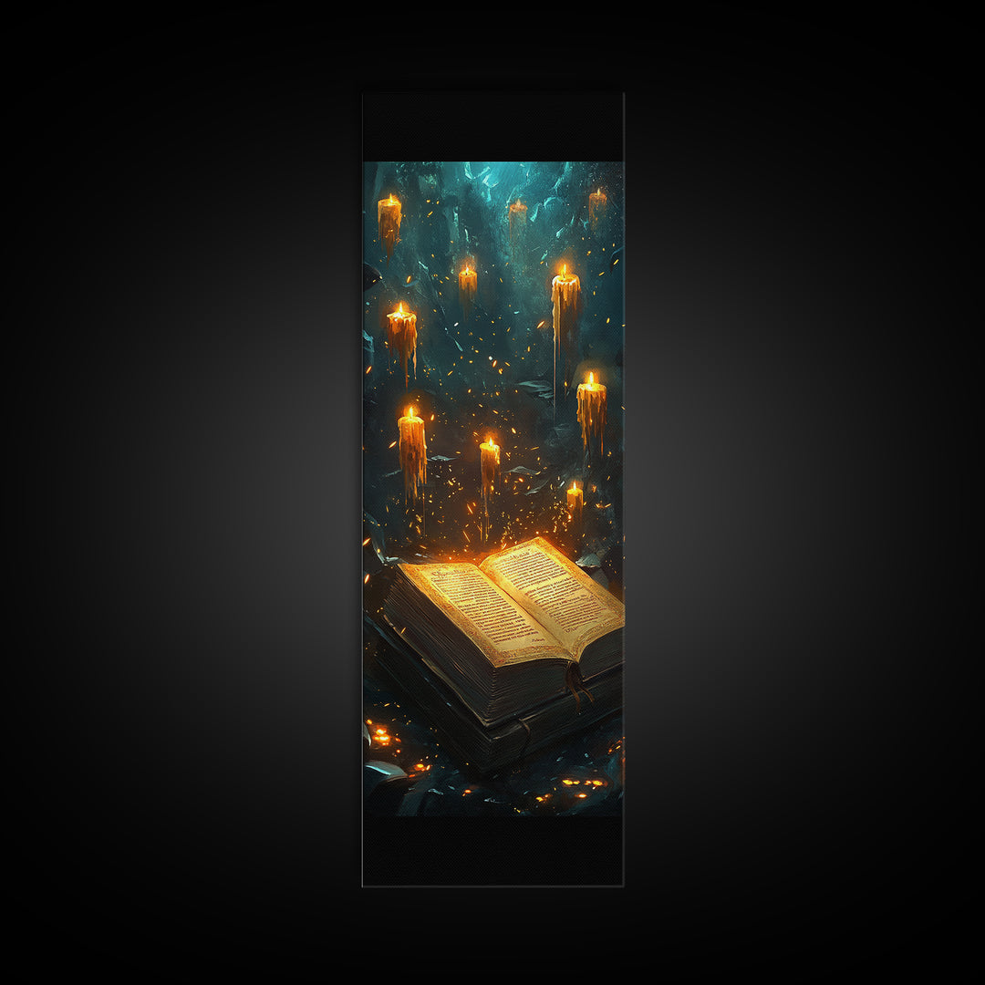 Glowing Grimoire With Floating Candles Wall Art, Dark Fantasy Library Canvas Print, Gothic Academia Home Decor Gift For Her