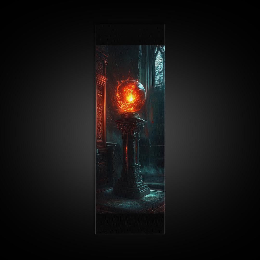 Fiery Crystal Orb In Gothic Library Wall Art, Dark Academia Fantasy Canvas Print, Mystical Office Decor Gift For Him Art