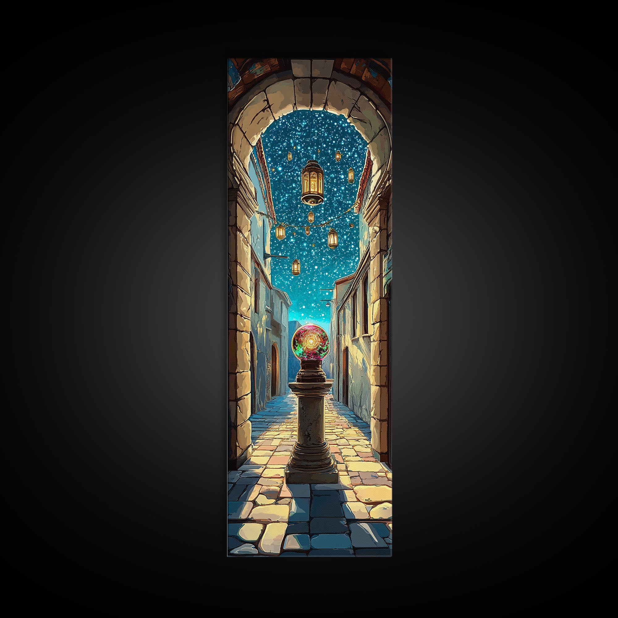 Magic Orb Beneath Starry Alley Wall Art, Whimsical Fantasy Canvas Print, Mediterranean Night Unique Home Decor Gift For Her