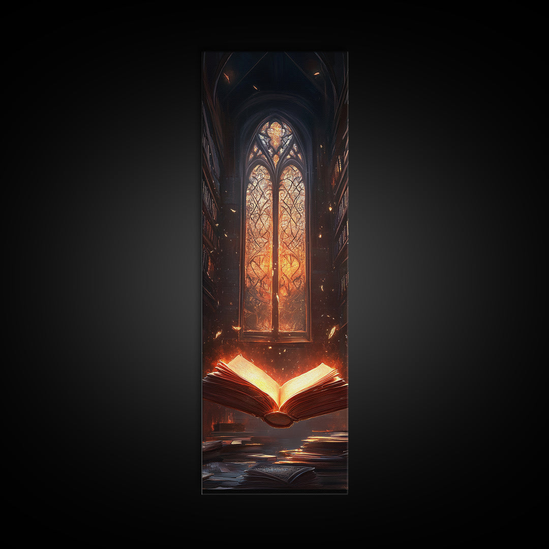 Glowing Book Before Cathedral Window Wall Art, Gothic Library Fantasy Canvas Print, Dark Academia Reading Room Decor Gift