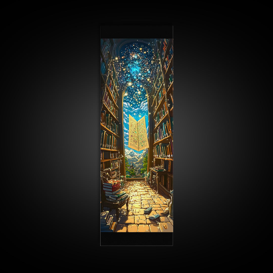 Glowing Magic Map In Towering Library Framed Canvas Print, Fantasy Wall Art, Bookish Decor, Whimsical Reader Gift, Library Poster