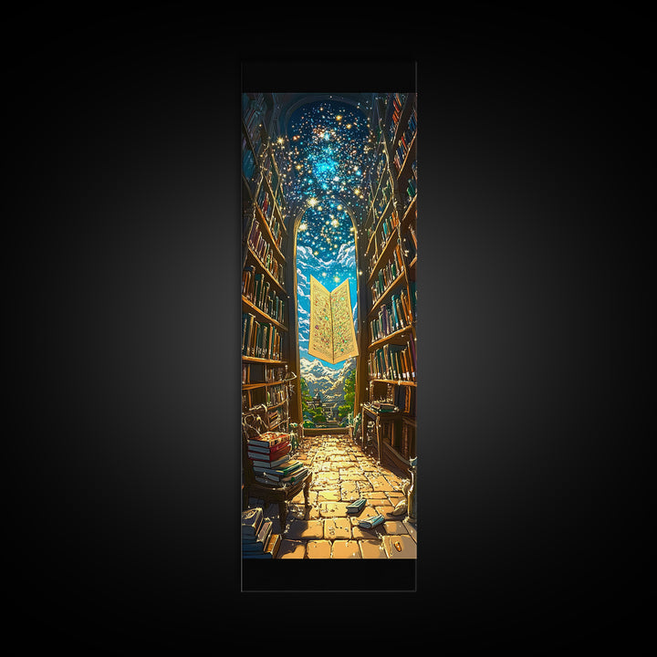 Glowing Magic Map In Towering Library Framed Canvas Print, Fantasy Wall Art, Bookish Decor, Whimsical Reader Gift, Library Poster