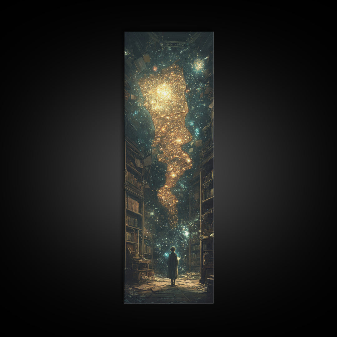 Child Beneath Cosmic Book Tower Wall Art, Dark Academia Library Decor, Celestial Fantasy Art Print, Magical Reading Gift