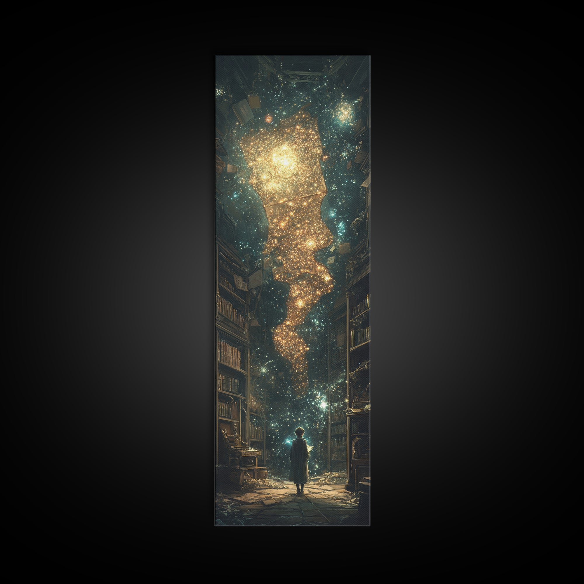 Child Beneath Cosmic Book Tower Wall Art, Dark Academia Library Decor, Celestial Fantasy Art Print, Magical Reading Gift