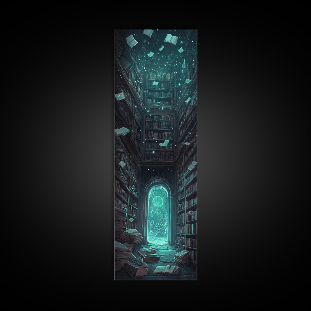 Glowing Portal In Dark Library Framed Canvas Print, Gothic Wall Art, Dark Academia Decor, Fantasy Book Lover Gift, Reading Nook Decor