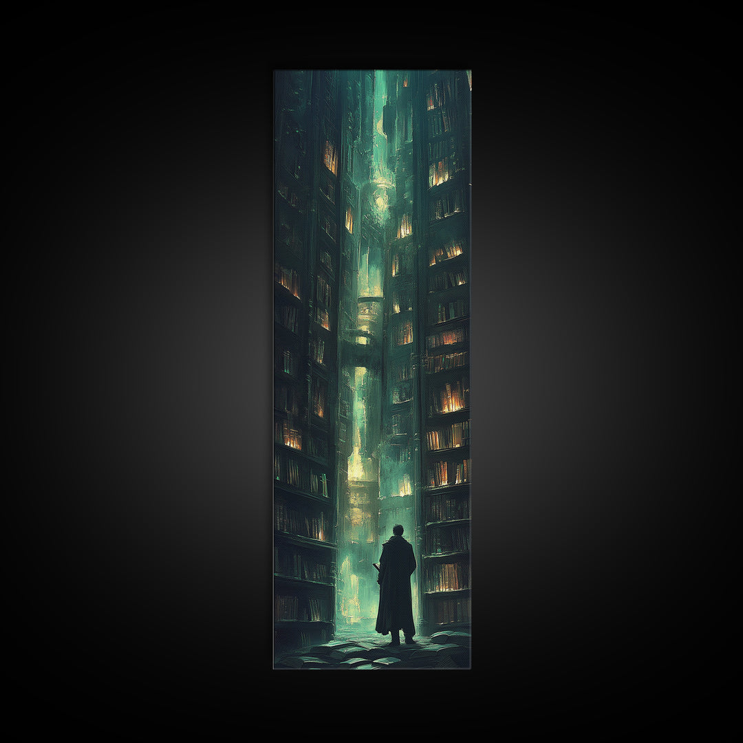 Lone Figure In Emerald Library Canyon Canvas Print, Dark Academia Wall Art, Moody Fantasy Decor, Gothic Office Wall Decor