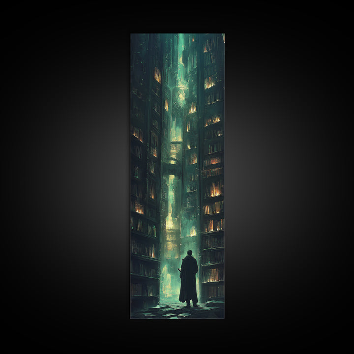 Lone Figure In Emerald Library Canyon Canvas Print, Dark Academia Wall Art, Moody Fantasy Decor, Gothic Office Wall Decor