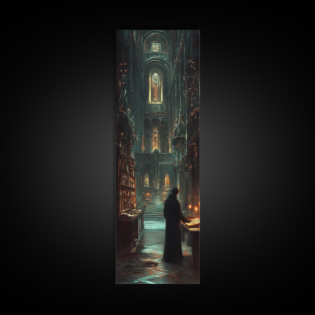 Robed Scholar In Gothic Cathedral Library Wall Art, Dark Academia Decor, Moody Fantasy Print, Candlelit Office Wall Decor