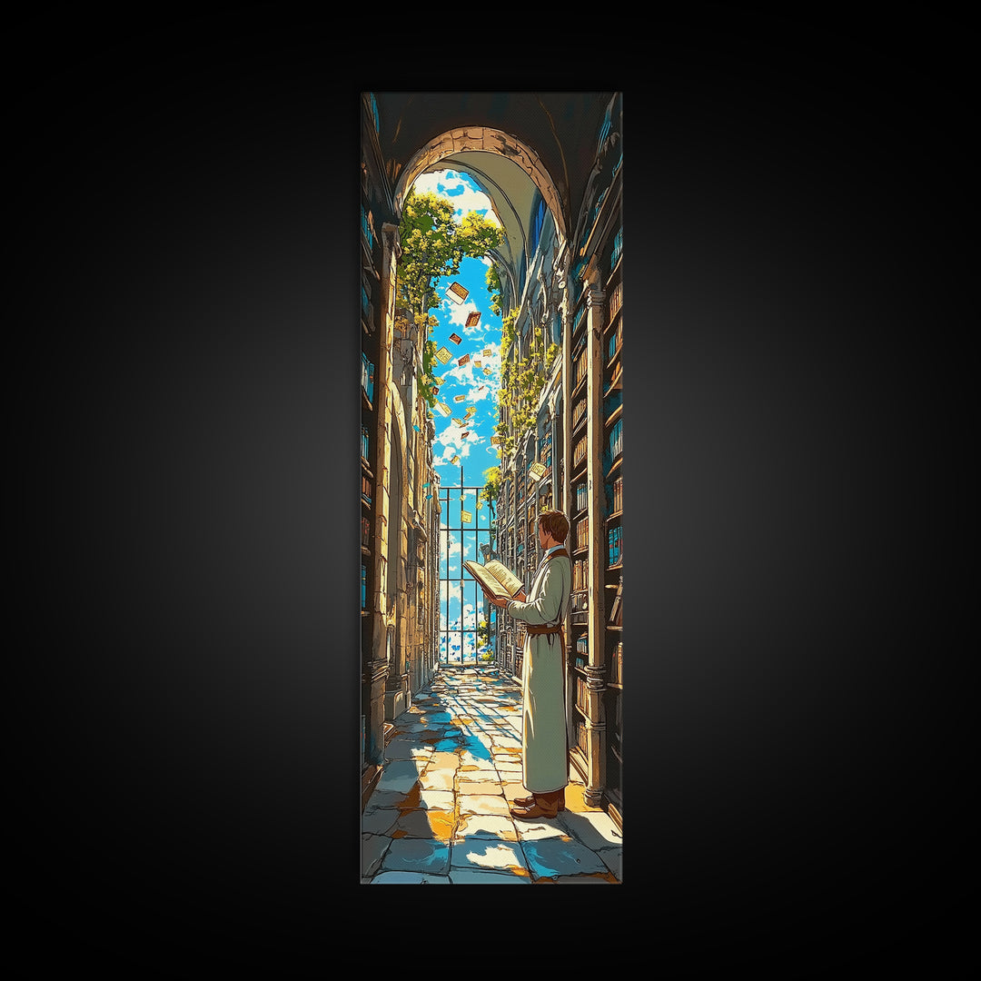 Sunlit Scholar Reading In Arched Library Framed Canvas Print, Book Lover Wall Art, Academia Decor, Literary Gift For Her
